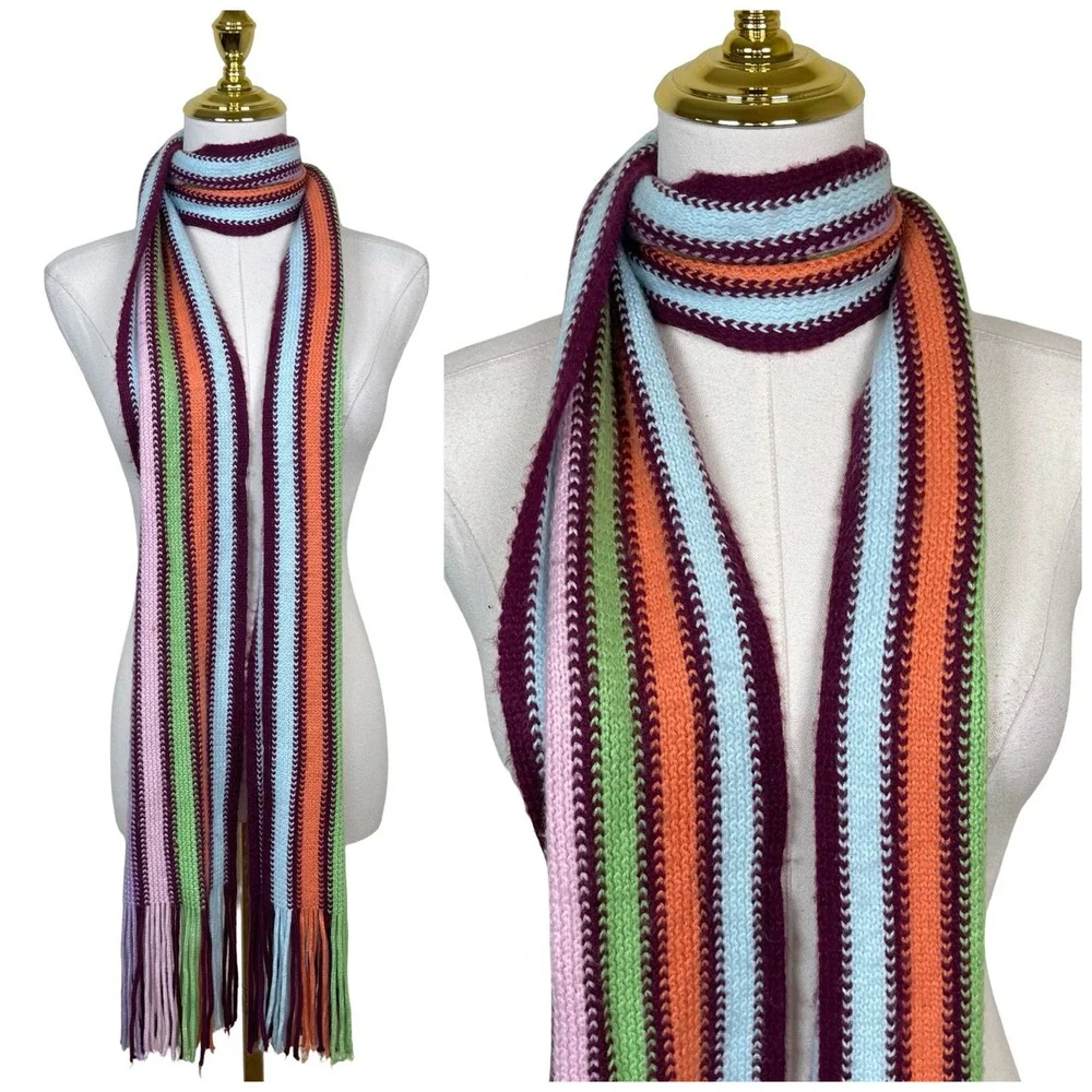 Vintage Aeropostale Scarf Women Multicolor Striped Knit Fringe Boho Y2K